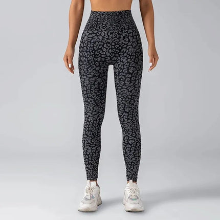 Women's Seamless Leopard Print Yoga Pants with Hip Lifting and High Waist Fitness Pants with High Elasticity PlatiNum