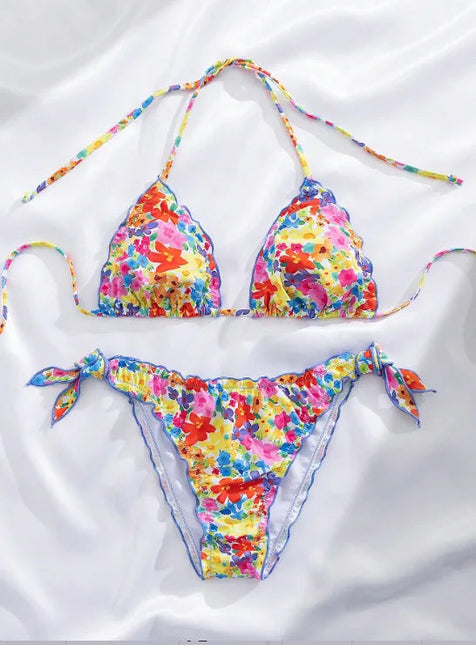 Nuovo Set Bikini Donna Estivo con Stampa Floreale Arancione, Halter con Volant, Push-Up e Perizoma con Laccetti Laterali PlatiNum