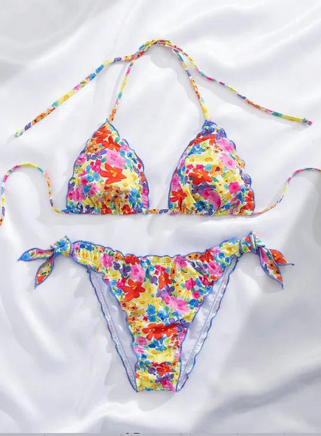 Nuovo Set Bikini Donna Estivo con Stampa Floreale Arancione, Halter con Volant, Push-Up e Perizoma con Laccetti Laterali PlatiNum