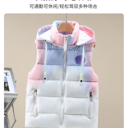 #3622 Tie Dye Hooded Sleeveless Jacket Women Zipper Sim Fit Warm Vest Waistcoat Female Outerwear Veste Unisex Autumn Winter 2024