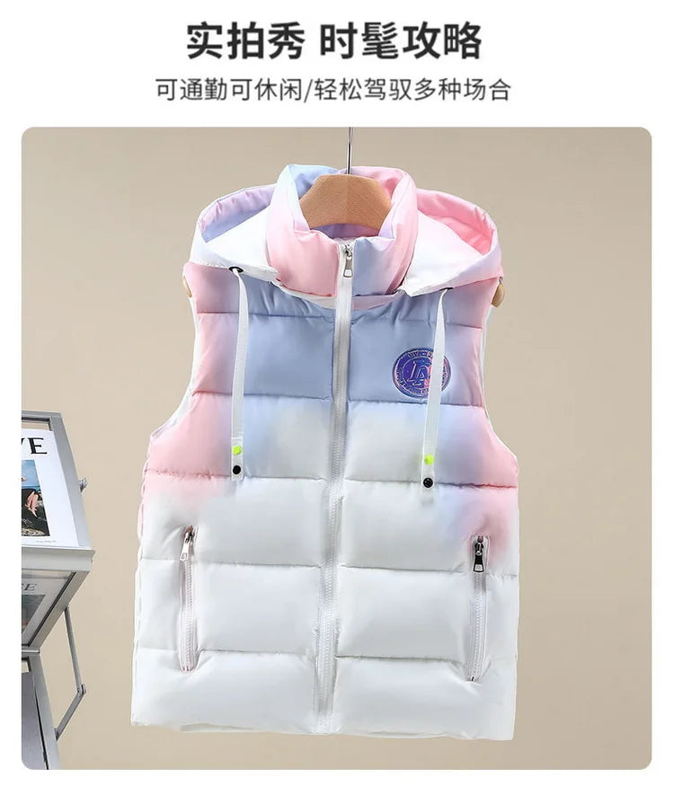 #3622 Tie Dye Hooded Sleeveless Jacket Women Zipper Sim Fit Warm Vest Waistcoat Female Outerwear Veste Unisex Autumn Winter 2024