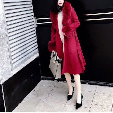 Women Fashion Long Luxury Overcoat Female Winter Coats Fur Collar Warm Elegant Thicken Solid Colo Woolen Jackets Abrigos Mujer