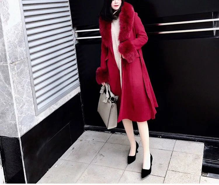 Women Fashion Long Luxury Overcoat Female Winter Coats Fur Collar Warm Elegant Thicken Solid Colo Woolen Jackets Abrigos Mujer