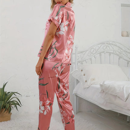 Set pigiama in raso con stampa floreale Top con risvolto a maniche corte liscio e confortevole e pantaloni lunghi accoglienti abbigliamento da casa e da notte da donna