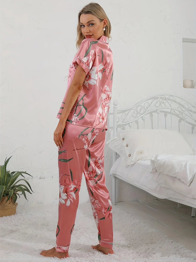 Set pigiama in raso con stampa floreale Top con risvolto a maniche corte liscio e confortevole e pantaloni lunghi accoglienti abbigliamento da casa e da notte da donna