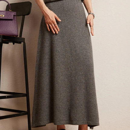 Korean Long Skirt Women's Wave Skirt 100% Cashmere Straight Skirt Knit Autumn Winter Skirt Warm Elegant Casual Knee Length Dress PlatiNum