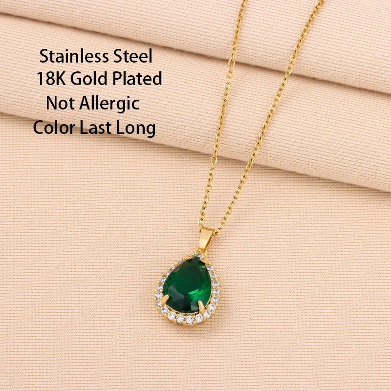 Nuovo In Vintage Light Luxury Green Water Drop zircone collana con ciondolo In cristallo per donna elegante catena da collo In acciaio inossidabile femminile