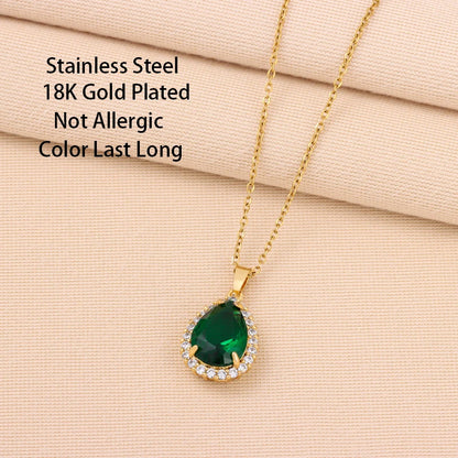 Nuovo In Vintage Light Luxury Green Water Drop zircone collana con ciondolo In cristallo per donna elegante catena da collo In acciaio inossidabile femminile