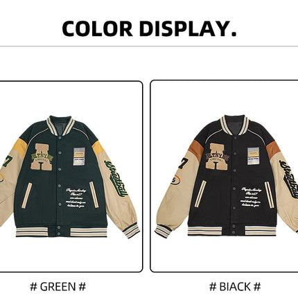 Men's Casual Varsity Jacket Motorcycle Bomber Coat Vintage Letterman Baseball Streetwear Outerwear with Faux Leather Sleeves
