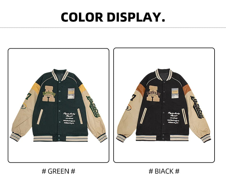 Men's Casual Varsity Jacket Motorcycle Bomber Coat Vintage Letterman Baseball Streetwear Outerwear with Faux Leather Sleeves