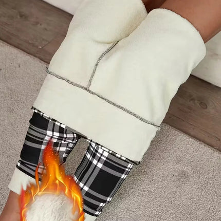 Women Lamb Wool Plaid Leggings Autumn Winter Out Wear Vintage Street Warm Leggings Woman High Waist Thicken Plush Lined Leggings PlatiNum