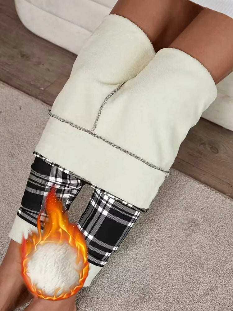 Women Lamb Wool Plaid Leggings Autumn Winter Out Wear Vintage Street Warm Leggings Woman High Waist Thicken Plush Lined Leggings PlatiNum