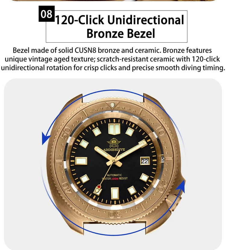 ADDIESDIVE Mens Automatic Mechanical Dive Watch Japan 8215 Movement Bronze Case Sapphire Crystal 200M Waterproof Ceramic Bezel