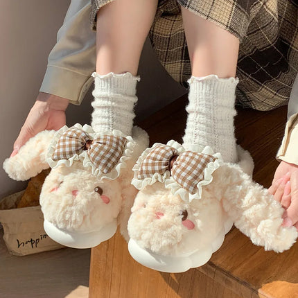 2026 New Women's Cotton Bow Bunny Slippers Winter Indoor Home Warm Household Wool Cotton Shoes Women Wear Indoor Winte