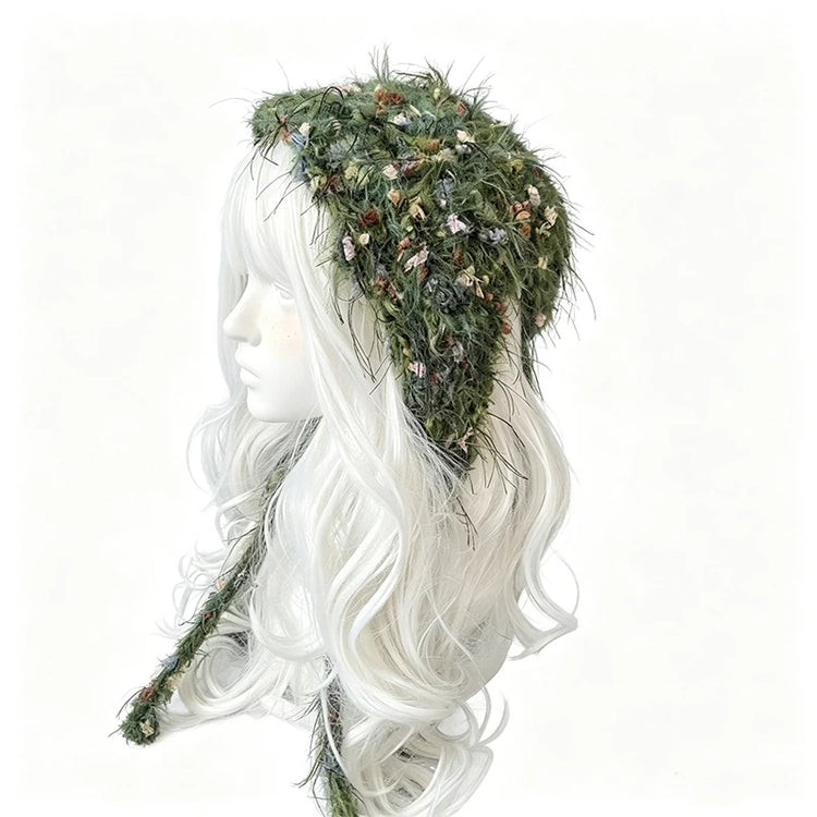 Custom Handmade Crochet Moss Green Fox Ear Hat Women Plush Floral Knitted Beanie Men Goblincore Cosplay Forest Winter Warm Hood