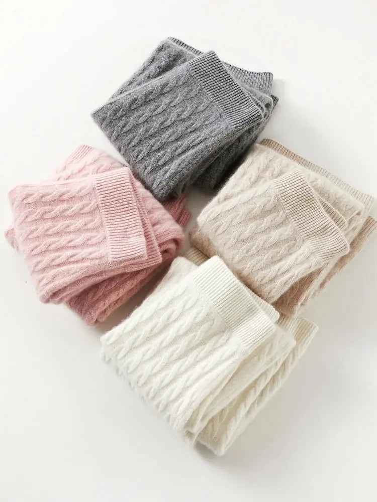 Autumn Winter 100% Cashmere Skirt Women Soild Mid-calf  High Waist Twist Flower Fit Slimming Knitted Dress  Light Luxury Elegant PlatiNum