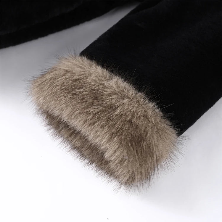 Casual Patchwork Faux Fur Collar Women's Coat Lace Up Pockets Thicken Lady Coats 2026 Autumn Winter Female Street Outerwear