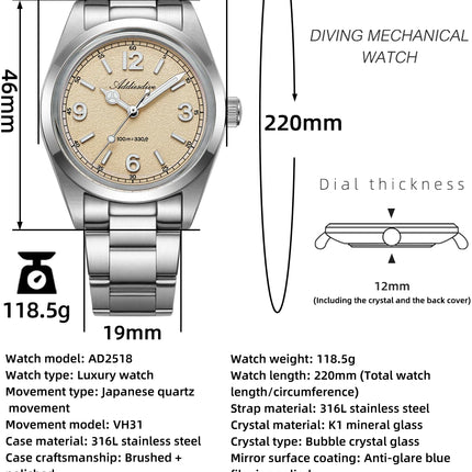 ADDIESDIVE 36mm Hot Sale Men's Watch AD2518 Bubble Mirror Glass 316L Stainless Steel Reloj Hombre 100m Waterproof Quartz Watches
