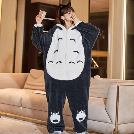 My Neighbor Totoro Winter Couple Matching Pajamas Thick Fluffy Plush Zipper Jumpsuit Cute Loungewear Warm Cozy Home Sleepwear