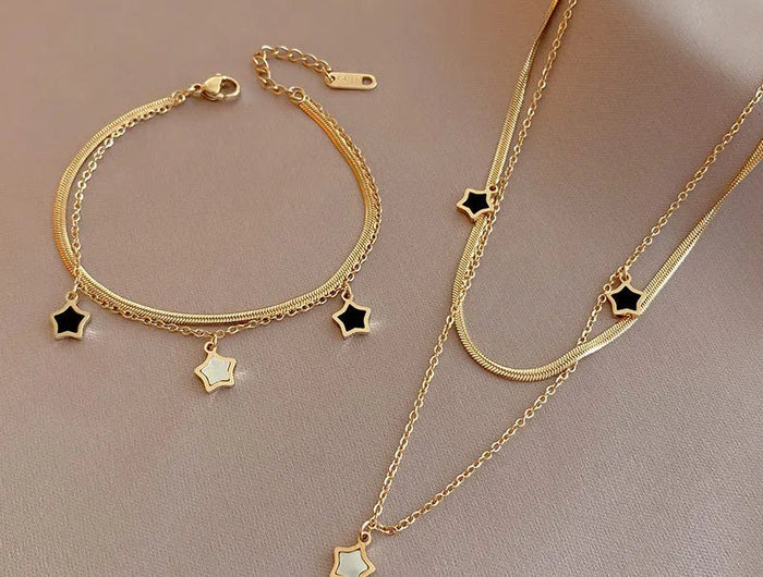 316L Stainless Steel Multilayer Chain Star Charm Necklace Bracelet For Women New Trend Jewelry Set Girls Party Gifts PlatiNum