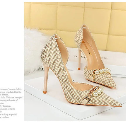 BIGTREE Scarpe 2026 Primavera Donna Pompe Catena di metallo perlato Tacchi alti Grana a quadri Tacchi a spillo Tacchi da donna Scarpe da banchetto di lusso 43 platinumshop