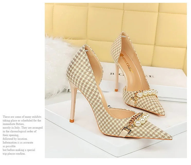 BIGTREE Scarpe 2026 Primavera Donna Pompe Catena di metallo perlato Tacchi alti Grana a quadri Tacchi a spillo Tacchi da donna Scarpe da banchetto di lusso 43 platinumshop