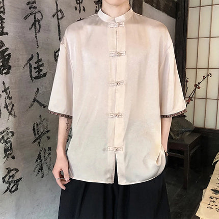 Camicie retrò da uomo, estive, eleganti, larghe, casual, leggere, sottili, traspiranti, in stile cinese, vintage, con calligrafia tradizionale.