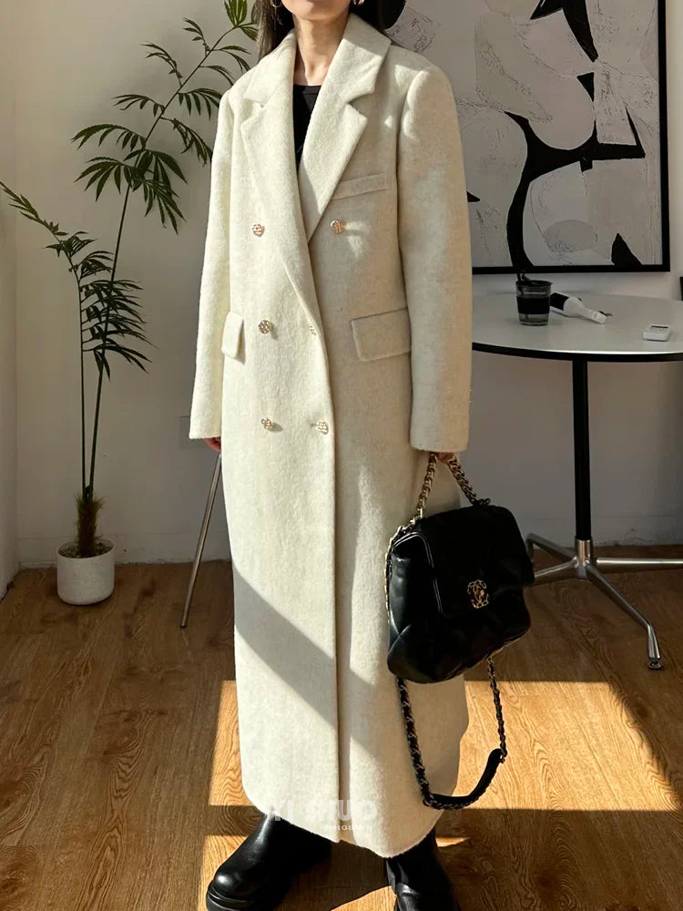 High-end Thick Double-sided Wool Coat Female Fashion Long  Autumn Winter Lapel Double Breasted Wool Coat Women Loose Outerwear