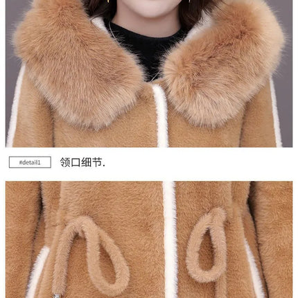 Imitation Mink Fleece Jackets Womens Autumn Winter Thicken Warm Hooded Woolen Coat High End Lady Gold Mink Velvet Wool Overcoat