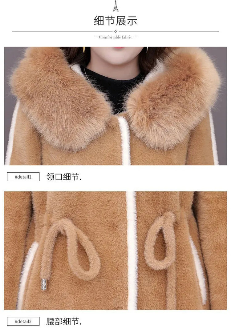 Imitation Mink Fleece Jackets Womens Autumn Winter Thicken Warm Hooded Woolen Coat High End Lady Gold Mink Velvet Wool Overcoat