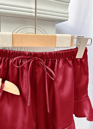 Set da notte in raso da 5 pezzi abito sottoveste in pizzo Cami Top pantaloncini con volant pantaloni da salotto pigiameria da notte da donna