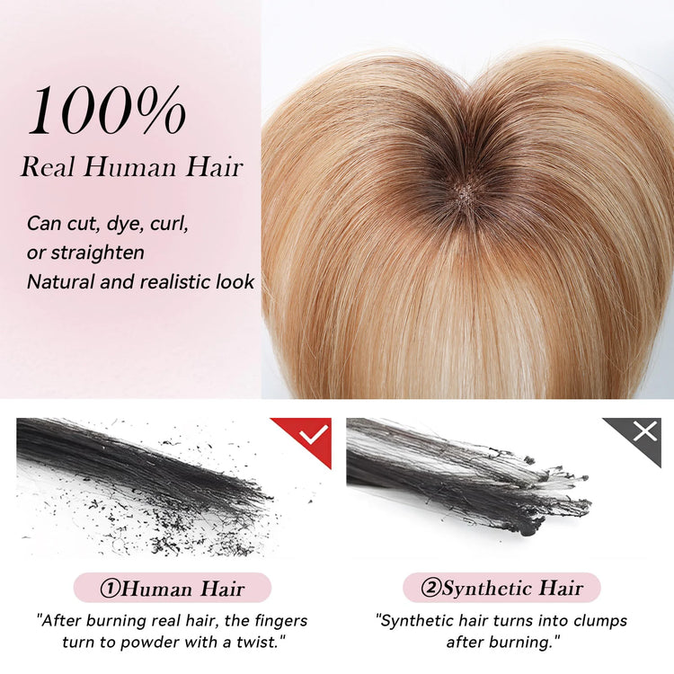 Ombre Light Blonde Real Human Hair Toppers with Swiss Lace Base Hair 3D Air Bangs 10inch Human Hair Topper for Women Hair Loss