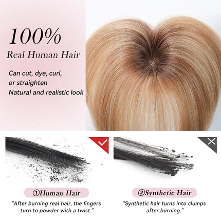 Ombre Light Blonde Real Human Hair Toppers with Swiss Lace Base Hair 3D Air Bangs 10inch Human Hair Topper for Women Hair Loss