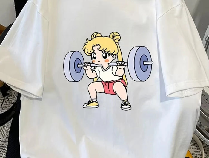 Sailor Moon Lifting Iron Fitness T-shirt da donna in cotone Ragazza Bambini Genitore-bambino Estate Allentato Carino Dolce Divertimento Top a maniche corte