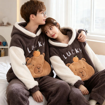 New 2026 Couple Pajamas Set Women's Thickened Fleece-lined Coral Velvet Men Sleepwear For Winter Cute Cat Homewear