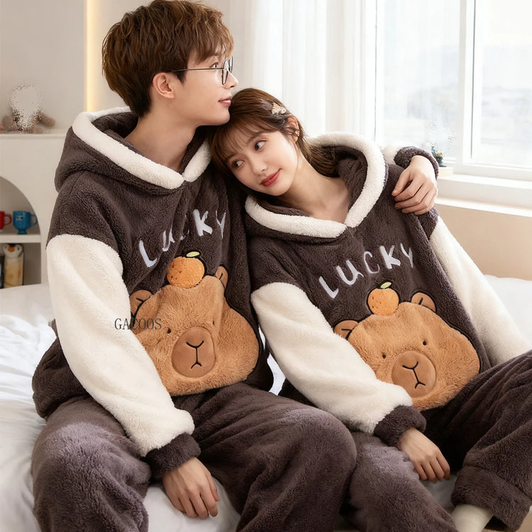 New 2026 Couple Pajamas Set Women's Thickened Fleece-lined Coral Velvet Men Sleepwear For Winter Cute Cat Homewear