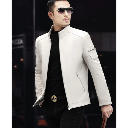 White Leather Jacket For Men 2023 Winter Male Business Simple Standing Collar Short Slim Coat Motorcycle Chaqueta Cuero Hombre