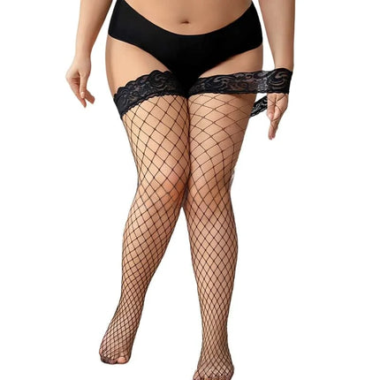 FREEAUCE Plus Size Hollow Mesh Fishnet Sexy sopra il ginocchio Calzini alti alla coscia Top in pizzo nero Stay Up Calze antiscivolo per le donne XXXL