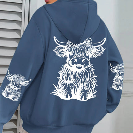 Cute Hair Cow Cartoon Printing Hoodies Womens Fleece Autumn Streetwear Comfortable Casual Hoodie Y2K Pocket All-Match Hoody