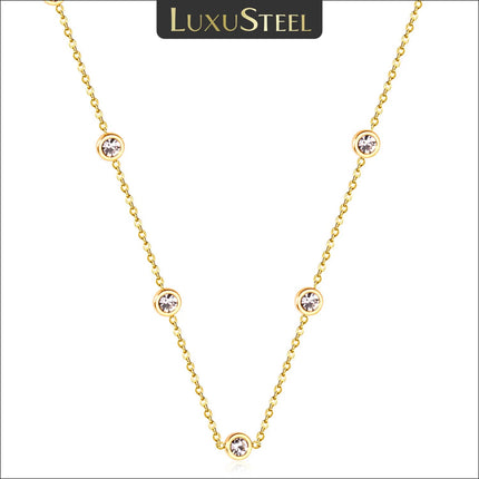 LUXUSTEEL Round CZ Pendant Necklace For Women White Colorful Cubic Zirconia Stainless Steel Collar Simple Luxury Wedding Jewelry PlatiNum