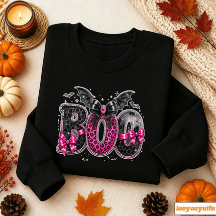 Boo Pink Leopard Print Bow Bat Wings Glitter Graphic Print Pullover Long Sleeve Casual Loose Streetwear Fashion Sweatshirts Tops