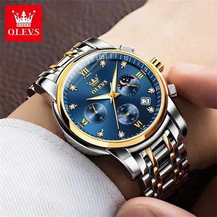 OLEVS 2858 Orologio da Uomo in Acciaio Inossidabile, Impermeabile, Antigraffio, con Fasi Lunari, Luminoso, Cronografo, Orologio da Polso al Quarzo di Lusso platinumshop