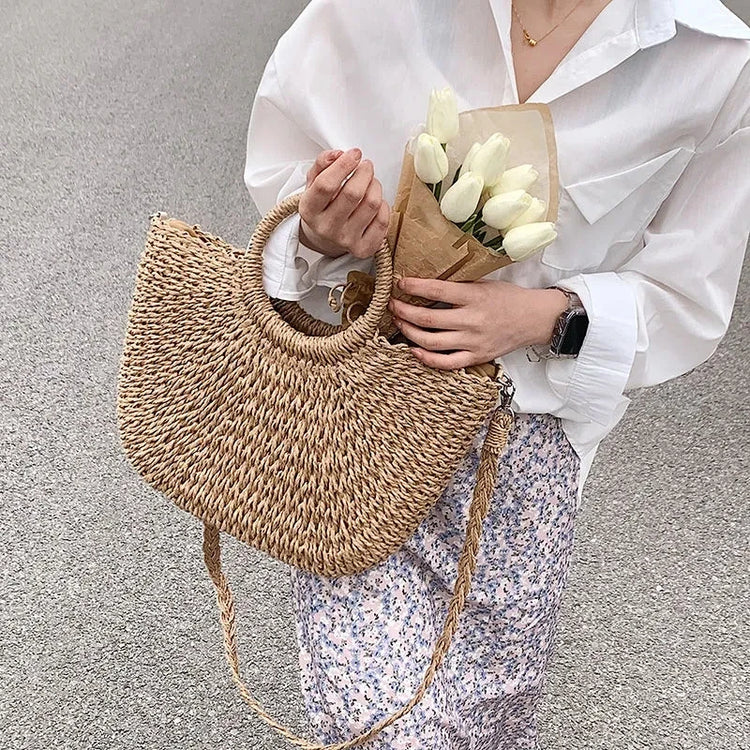 Borse in paglia intrecciata per donna Borsa da viaggio fatta a mano al mare Borsa da spiaggia estiva Nuova borsa a secchiello con manico Shopping Tote Bag Basket Bolsa