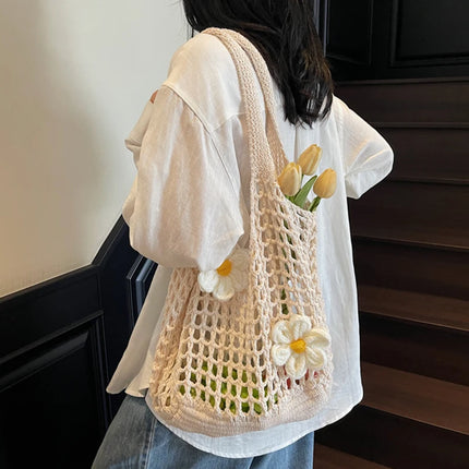 Women's Large Capacity Knitted Tote Bag Fashionable Summer Beach Bag Lightweight Casual Chic Hobo Top Handle Shoulder Bag