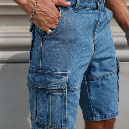 Pantaloncini in denim da lavoro estivi da uomo, stile multitasche blu. Elegante e casual, adatto per streetwear.