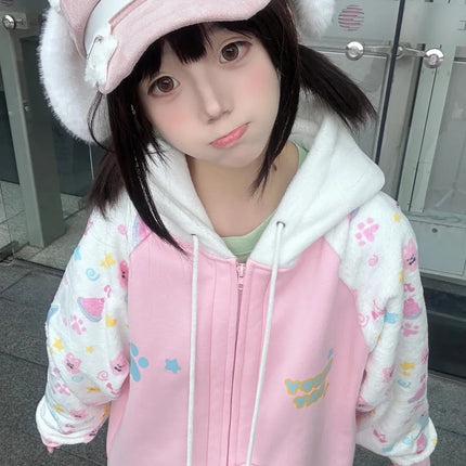 Harajuku Zip Hoodies Women Japanese Sweet Lolita Sweatshirts Kawaii Cartoon Print Y2k Hooded Overcoat Korean Fashion Clothes Top