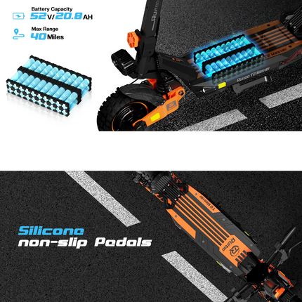 Potente Monopattino Elettrico T2 Master, 2400W, 52V 20.8Ah, Autonomia 65km, Doppio Motore, Pneumatici All-Terrain da 10'', Pieghevole