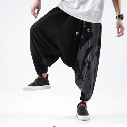 Pantaloni alla moda da uomo Samurai giapponese Ukiyo-e Cintura con stampa Pantaloni stile harem da uomo in cotone e lino Casual Oversize Harajuku Pantaloni a gamba larga da uomo