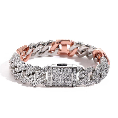 Hip Hop 15mm Iced Out catena a maglia cubana Shiny CZ Stone Pink collana cubana con naso di maiale placcato a due colori per donna uomo