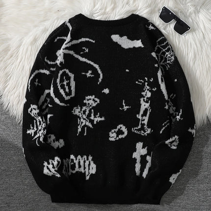 New Trendy Street Graffiti Jacquard Pattern Pullover Sweater, Casual Round-Neck Color-Block Knit Men's Pullover, Suitable for Everyday Wear, Unisex Top for Going Out, Regular Fit, Suitable for Autumn and Winter